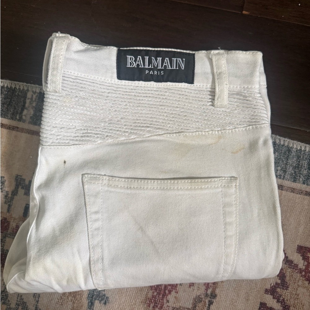 Balmain Textured White Moto Jeans